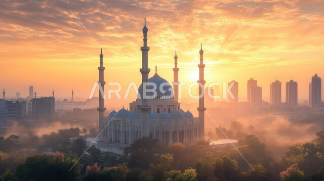 الأماكن الدينية الإسلامية في المملكة العربية السعودية، الفن الهندسي المعماري على الطراز الإسلامي للمآذن والقبب في وقت غروب الشمس، العبادة والتقرب إلى الله، دعوة المسلمين إلى الصلاة