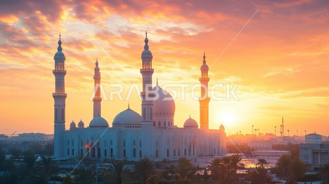 الفن الهندسي المعماري على الطراز الإسلامي للمآذن والقبب في وقت غروب الشمس، الأماكن الدينية الإسلامية في المملكة العربية السعودية، العبادة والتقرب إلى الله، دعوة المسلمين إلى الصلاة