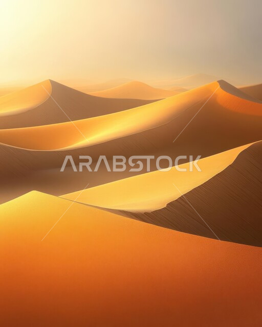 Natural desert environment and desert areas during the day, dunes, terrain and mountain peaks in the prairies, plateaus and hills of soft golden sand, sand formations and formations in the desert of the Kingdom of Saudi Arabia
