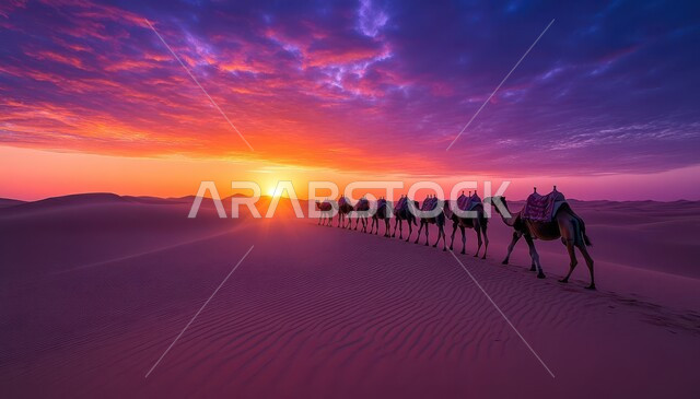 منظر السماء المليئة بالغيوم وقت غروب الشمس، تربية الإبل ضمن المحميات الطبيعية في المملكة العربية السعودية، مجموعة من الجمال تسير في الصحراء على الرمال الذهبية الناعمة، المناطق الطبيعية الصحراوية، الاهتمام ورعاية المواشي في الصحاري