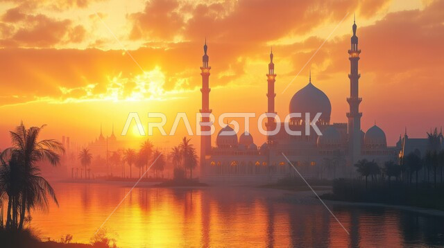 انعكاس المسجد على سطح ماء البحيرة في المملكة العربيه السعودية، العبادة والتقرب إلى الله، أماكن أداء الفرائض والصلوات، منظر السماء المليئة بالسحب في وقت غروب الشمس، الفن الهندسي المعماري على الطراز العربي الاسلامي للقبب والمآذن