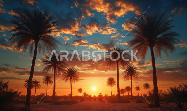 الاهتمام بالتشجير وزيادة المساحات الخضراء، مزارع أشجار النخيل والمحميات الطبيعية في المملكة العربية السعودية، منظر غروب الشمس في السماء المليئة بالغيوم، محاصيل ومنتجات زراعية محلية وطنية