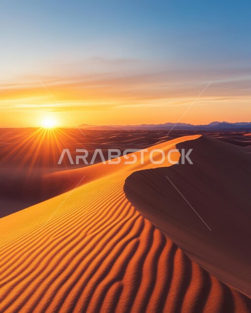 الهضاب والتلال من الرمال الناعمة الذهبية، التكوينات والتشكلات الرملية في صحراء المملكة العربية السعودية، مناطق البادية والبيئة الطبيعية الصحراوية وقت غروب الشمس، التضاريس والمرتفعات والقمم الجبلية في البراري