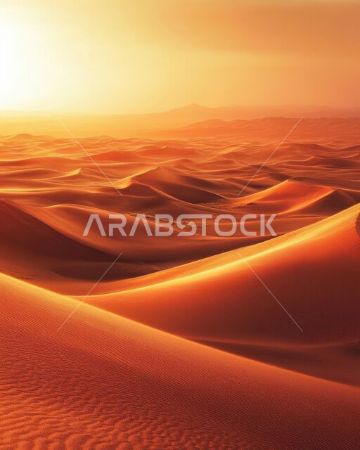 التكوينات والتشكلات الرملية في صحراء المملكة العربية السعودية، مناطق البادية والبيئة الطبيعية الصحراوية وقت غروب الشمس، التضاريس والمرتفعات والقمم الجبلية في البراري، الهضاب و التلال من الرمال الناعمة الذهبية