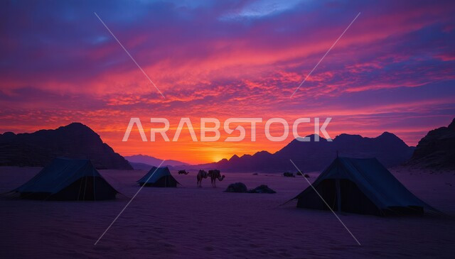 الكثبان والتضاريس الذهبية الناعمة، خيمة بدوية شعبية وسط الرمال، التخييم في صحاري المملكة العربية السعودية وقت غروب الشمس، الجمال وتربية الحيوانات والماشية، حياة البدو في الصحراء، صورة ظلية لكشتة وجلسة بر شبابية، مخيمات سياحية في المناطق البرية