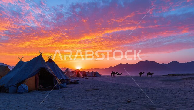 التضاريس والكثبان الذهبية الناعمة، خيمة بدوية شعبية وسط الرمال، التخييم في صحاري المملكة العربية السعودية وقت غروب الشمس، صورة ظلية لكشتة وجلسة بر شبابية، مخيمات سياحية في المناطق البرية، الجمال وتربية الحيوانات والماشية، حياة البدو في الصحراء