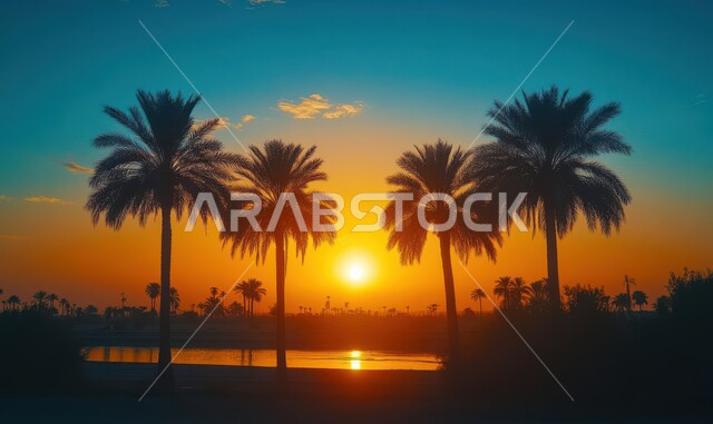 انعكاس اشعة الشمس البرتقالية على مياه الواحة، المحميات الطبيعية في المملكة العربية السعودية، التلال والكثبان الرملية الناعمة في الصحراء، منظر السحب في السماء، صورة ظلية لأشجار النخيل في الطبيعة الصحراوية حول البحيرات المائية