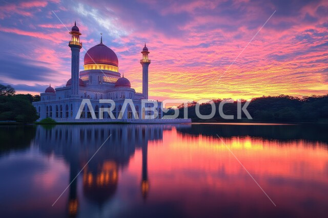 الفن الهندسي المعماري على الطرازالعربي الإسلامي للقبب والمآذن، منظر السماء المليئة بالسحب في وقت غروب الشمس، أماكن آداء الفرائض والصلوات، العبادة والتقرب إلى الله، انعكاس المسجد على سطح ماء البحيرة في المملكة العربيه السعودية