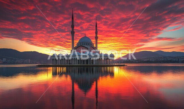 منظر السماء المليئة بالسحب في وقت غروب الشمس، أماكن آداء الفرائض والصلوات، العبادة والتقرب إلى الله، انعكاس المسجد على سطح ماء البحيرة في المملكة العربيه السعودية، الفن الهندسي المعماري على الطرازالعربي الإسلامي للقبب والمآذن