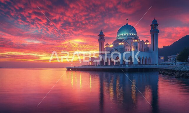 العبادة والتقرب إلى الله، انعكاس المسجد على سطح ماء البحيرة في المملكة العربيه السعودية، أماكن آداء الفرائض والصلوات، منظر السماء المليئة بالسحب في وقت غروب الشمس، الفن الهندسي المعماري على الطرازالعربي الإسلامي للقبب والمآذن