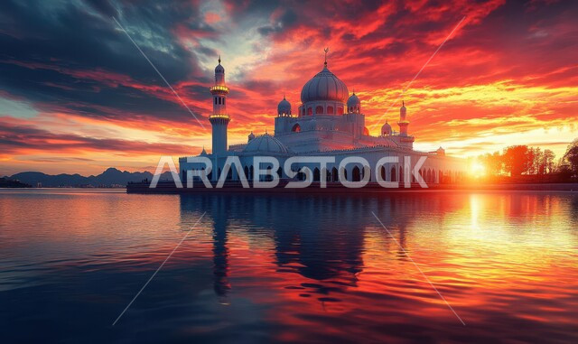 أماكن آداء الفرائض والصلوات، العبادة والتقرب إلى الله، انعكاس المسجد على سطح ماء البحيرة في المملكة العربيه السعودية، منظر السماء المليئة بالسحب في وقت غروب الشمس، الفن الهندسي المعماري على الطرازالعربي الإسلامي للقبب والمآذن