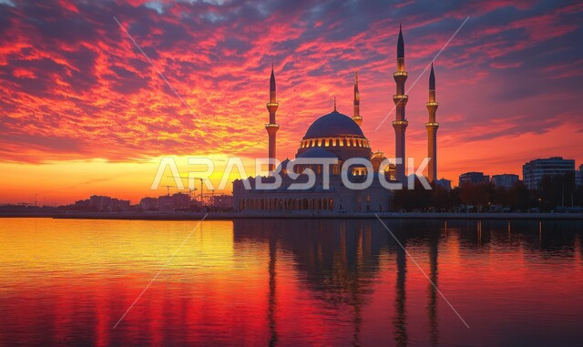 انعكاس المسجد على سطح ماء البحيرة في المملكة العربيه السعودية، العبادة والتقرب إلى الله، أماكن آداء الفرائض والصلوات، منظر السماء المليئة بالسحب في وقت غروب الشمس، الفن الهندسي المعماري على الطرازالعربي الإسلامي للقبب والمآذن