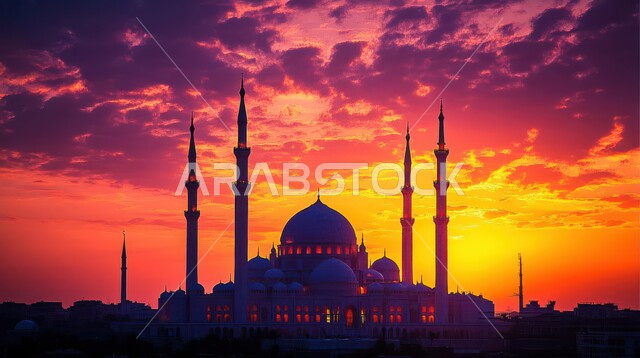 مساجد المملكه العربية السعوديه، الفن الهندسي المعماري على الطراز العربي الآسلامي للقبب والمآذن المضيئة، منظر السماء المليئه بالسحب في وقت غروب الشمس، أماكن آداء الفرائض والصلوات، العبادة والتقرب إلى الله