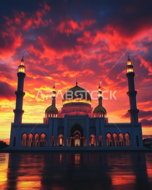 Mosques of the Kingdom of Saudi Arabia, the architectural art of the Arab Islamic style of domes and illuminated minarets, the view of the sky full of clouds at sunset, places for performing religious duties and prayers, worship and drawing closer to God