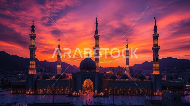 الفن الهندسي المعماري على الطراز العربي الآسلامي للقبب والمآذن المضيئة، منظر السماء المليئه بالسحب في وقت غروب الشمس، أماكن آداء الفرائض والصلوات، العبادة والتقرب إلى الله، مساجد المملكه العربية السعوديه