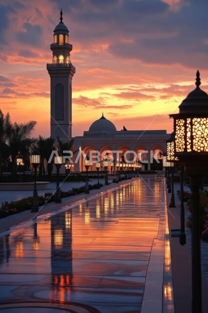 الفن الهندسي المعماري على الطراز العربي الآسلامي للقبب والمآذن المضيئة، منظر السماء المليئه بالسحب في وقت غروب الشمس، أماكن آداء الفرائض والصلوات، العبادة والتقرب إلى الله، مساجد المملكه العربية السعوديه