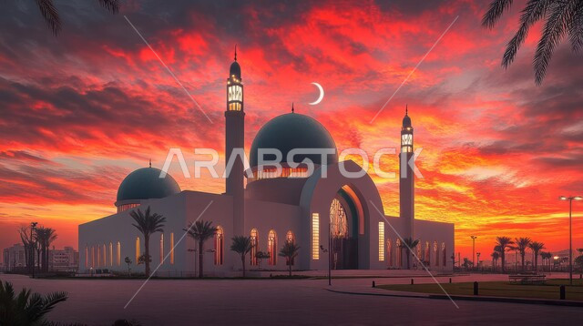 منظر السماء المليئه بالسحب في وقت غروب الشمس، أماكن آداء الفرائض والصلوات، العبادة والتقرب إلى الله، الفن الهندسي المعماري على الطراز العربي الآسلامي للقبب والمآذن المضيئة، مساجد المملكه العربية السعوديه