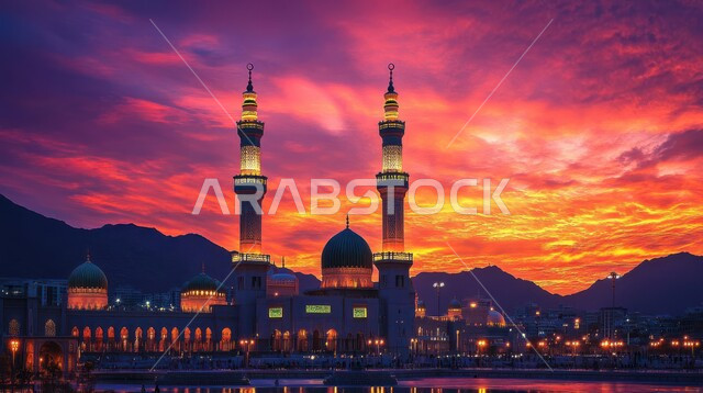منظر السماء المليئه بالسحب في وقت غروب الشمس، أماكن آداء الفرائض والصلوات، العبادة والتقرب إلى الله، الفن الهندسي المعماري على الطراز العربي الآسلامي للقبب والمآذن المضيئة، مساجد المملكه العربية السعوديه