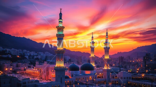 أماكن آداء الفرائض والصلوات، العبادة والتقرب إلى الله، منظر السماء المليئه بالسحب في وقت غروب الشمس، الفن الهندسي المعماري على الطراز العربي الآسلامي للقبب والمآذن المضيئة، مساجد المملكه العربية السعوديه