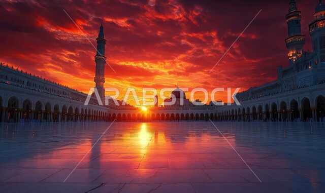 أماكن آداء الفرائض والصلوات، العبادة والتقرب إلى الله، منظر السماء المليئه بالسحب في وقت غروب الشمس، الفن الهندسي المعماري على الطراز العربي الآسلامي للقبب والمآذن المضيئة، مساجد المملكه العربية السعوديه