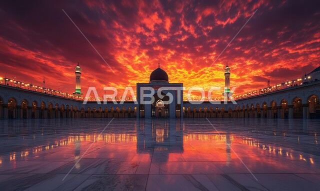 Worship and getting closer to God, places of performing religious duties and prayers, a view of the sky full of clouds at sunset, the architectural art of the Arab-Islamic style of domes and illuminated minarets, mosques in the Kingdom of Saudi Arabia