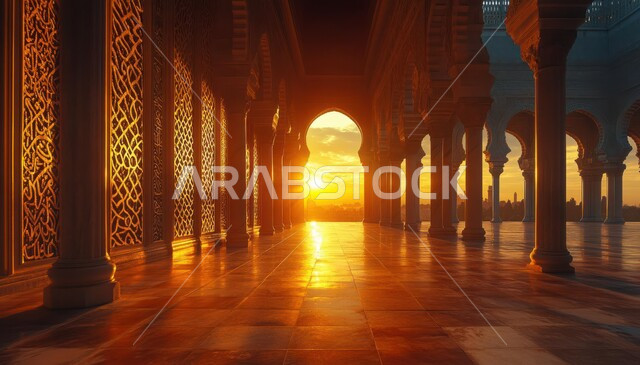 الفن الهندسي المعماري لساحات دور العباده، النقوش والزخارف العربية للأقواس والأعمدة، التصاميم الهندسية الداخلية للمساجد على الطراز الإسلامي، الأماكن الدينيه الإسلاميه في المملكة العربيه السعوديه وقت غروب الشمس، العباده والتقرب إلى الله