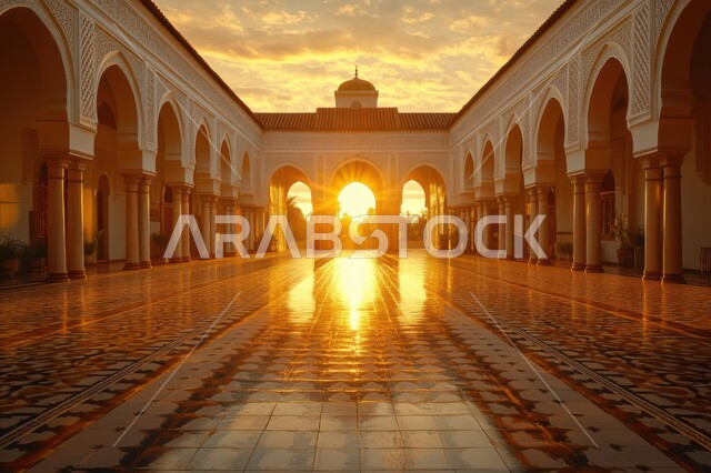النقوش والزخارف العربية للأقواس والأعمدة، التصاميم الهندسية الداخلية للمساجد على الطراز الإسلامي، الأماكن الدينيه الإسلاميه في المملكة العربيه السعوديه وقت غروب الشمس، العباده والتقرب إلى الله، الفن الهندسي المعماري لساحات دور العباده