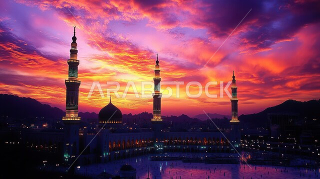 Worship and getting closer to God, places of performing religious duties and prayers, a view of the sky full of clouds at sunset, the architectural art of the Arab-Islamic style of domes and illuminated minarets, mosques in the Kingdom of Saudi Arabia