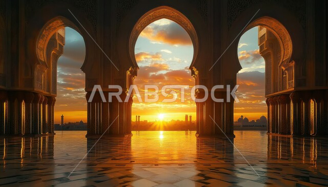 التصاميم الهندسية الداخلية للمساجد على الطراز الإسلامي، الأماكن الدينيه الإسلاميه في المملكة العربيه السعوديه وقت غروب الشمس، العباده والتقرب إلى الله، الفن الهندسي المعماري لساحات دور العباده، النقوش والزخارف العربية للأقواس والأعمدة