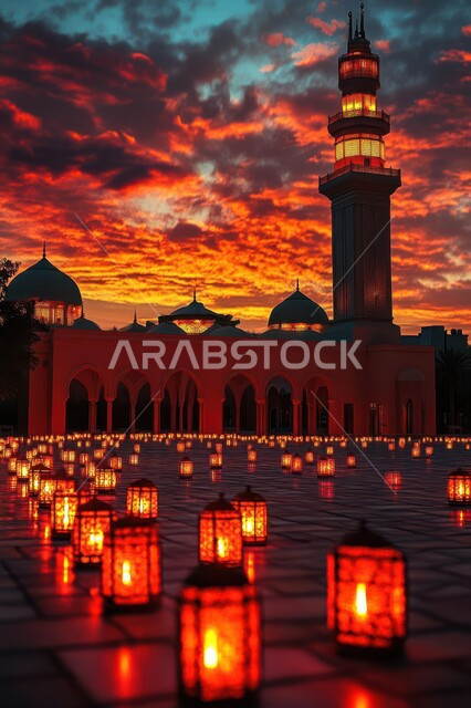 تحف وديكورات تقليدية للاحتفال بقدوم شهر رمضان المبارك، مجموعة من الفوانيس العربية المعدنية المزخرفة المضيئة في ساحة المسجد، العادات والتقاليد العربية في زينة الأعياد والمناسبات الدينية, أجواء رمضانية وروحانية إسلامية، مساجد المملكة العربية السعودية وقت غروب الشمس