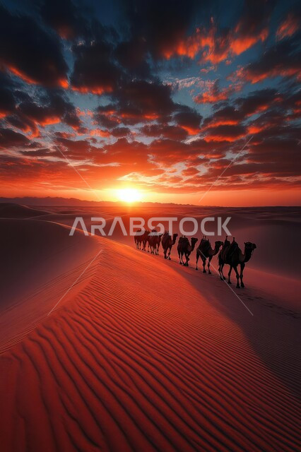 Purebred Arabian camels walking in the desert during sunset, camel breeding in nature reserves in Saudi Arabia, hills and sand dunes, soft golden sand, care and maintenance of livestock and mammals in the desert, clouds in the sky