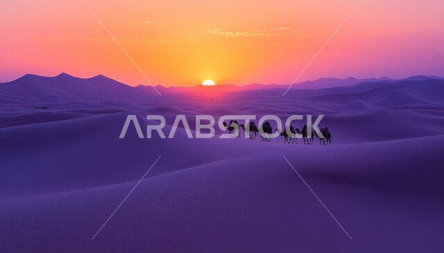 الإهتمام في تربية ورعاية الحيوانات الثدية، التشكلات للتلال والكثبان الرملية،  استخدام الإبل في التنقل في صحاري المملكة العربية السعودية،  صورة ظلية لقافلة من الجمال  