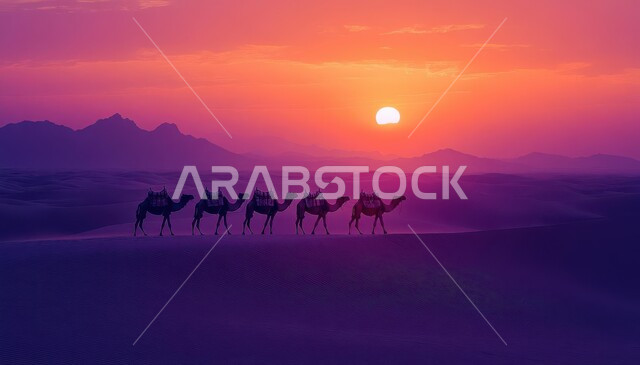 الإهتمام في تربية ورعاية الحيوانات الثدية، التشكلات للتلال والكثبان الرملية،  استخدام الإبل في التنقل في صحاري المملكة العربية السعودية،  صورة ظلية لقافلة من الجمال  