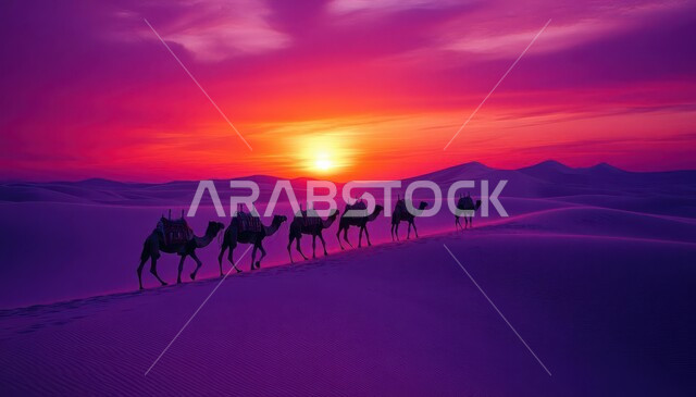 الإهتمام في تربية ورعاية الحيوانات الثدية، التشكلات للتلال والكثبان الرملية،  استخدام الإبل في التنقل في صحاري المملكة العربية السعودية،  صورة ظلية لقافلة من الجمال  