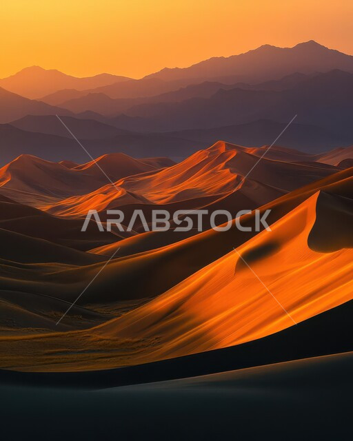 التضاريس و المرتفعات والقمم في البراري،  التكوينات والتشكلات للكثبان والتلال الرملية الناعمة الذهبية في المملكة العربية السعودية، مناطق البادية والبيئة الطبيعية الصحراوية وقت غروب الشمس