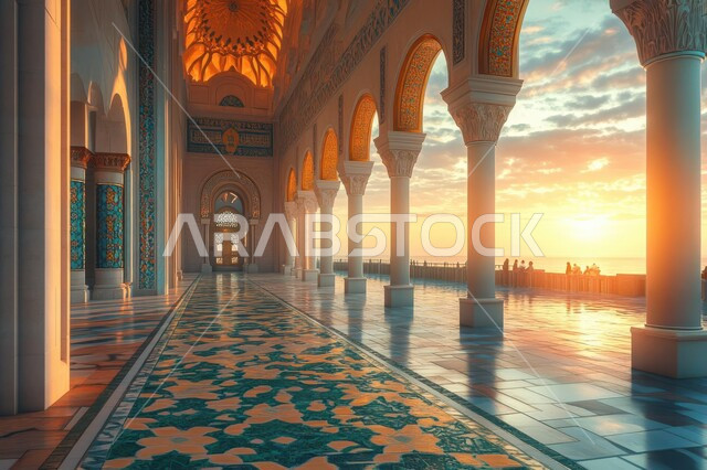 المعالم الدينيه في المملكه العربية السعودية، دعوة المسلمين إلى الصلاه،  العباده والتقرب إلى الله،  مسجد في وقت الغروب،  الفن الهندسي المعماري للمآذن والقبب