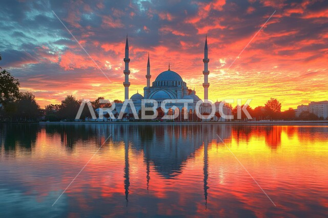 المعالم الدينيه في المملكه العربية السعودية، دعوة المسلمين إلى الصلاه،  العباده والتقرب إلى الله،  مسجد في وقت الغروب،  الفن الهندسي المعماري للمآذن والقبب