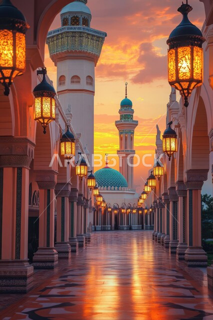 المعالم الدينيه في المملكه العربية السعودية، دعوة المسلمين إلى الصلاه،  العباده والتقرب إلى الله،  مسجد في وقت الغروب،  الفن الهندسي المعماري للمآذن والقبب