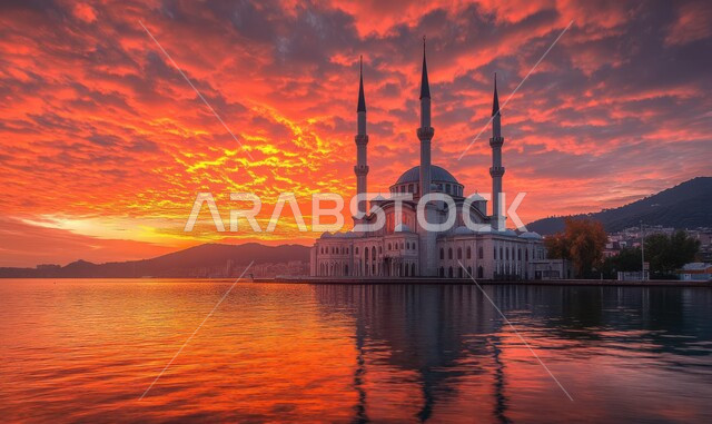 المعالم الدينيه في المملكه العربية السعودية، دعوة المسلمين إلى الصلاه،  العباده والتقرب إلى الله،  مسجد في وقت الغروب،  الفن الهندسي المعماري للمآذن والقبب