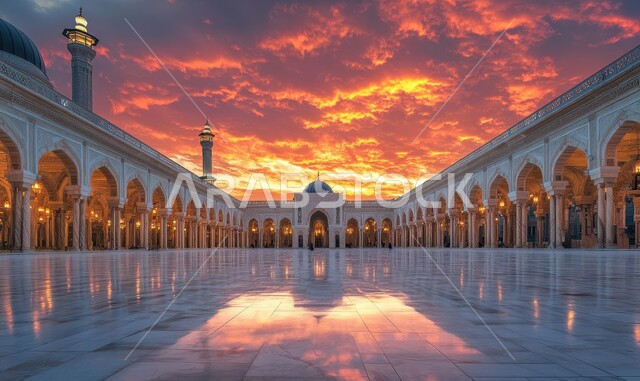 Calling Muslims to prayer, worship and getting closer to God, a mosque at sunset, religious monuments in the Kingdom of Saudi Arabia, the architectural art of minarets and domes