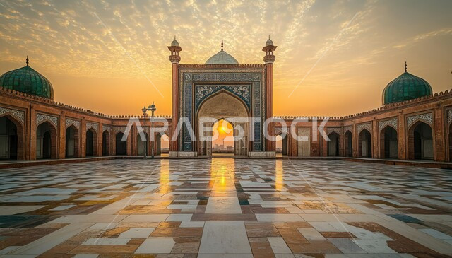 الفن الهندسي المعماري للمآذن والقبب، المعالم الدينيه في المملكه العربية السعودية،  دعوة المسلمين إلى الصلاه،  العباده والتقرب إلى الله،  مسجد في وقت الغروب