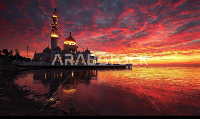 الفن الهندسي المعماري للمآذن والقبب، المعالم الدينيه في المملكه العربية السعودية،  دعوة المسلمين إلى الصلاه،  العباده والتقرب إلى الله،  مسجد في وقت الغروب