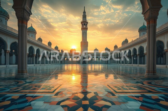 دعوة المسلمين إلى الصلاه،  العباده والتقرب إلى الله،  مسجد في وقت الغروب،  المعالم الدينيه في المملكه العربية السعودية، الفن الهندسي المعماري للمآذن والقبب