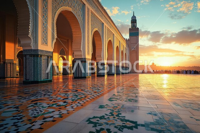 الفن الهندسي المعماري للمآذن والقبب، المعالم الدينيه في المملكه العربية السعودية،  دعوة المسلمين إلى الصلاه،  العباده والتقرب إلى الله،  مسجد في وقت الغروب