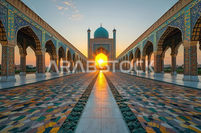 Calling Muslims to prayer, worship and getting closer to God, a mosque at sunset, religious monuments in the Kingdom of Saudi Arabia, the architectural art of minarets and domes