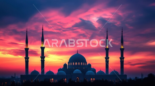 Calling Muslims to prayer, worship and getting closer to God, a mosque at sunset, religious monuments in the Kingdom of Saudi Arabia, the architectural art of minarets and domes