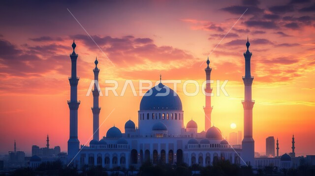 Calling Muslims to prayer, worship and getting closer to God, a mosque at sunset, religious monuments in the Kingdom of Saudi Arabia, the architectural art of minarets and domes