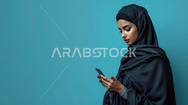 مفهوم الأنوثة والنعومة، الاهتمام بالأناقة والمظهر الخارجي، بورتريه مقرب لإمرأة عربية خليجية سعودية مبتسمة ترتدي حجاب وعباءة  وتمسك بيدها هاتف محمول، التواصل مع العائلة والاصدقاء, إيماءات الثقة بالنفس, خلفية زرقاء