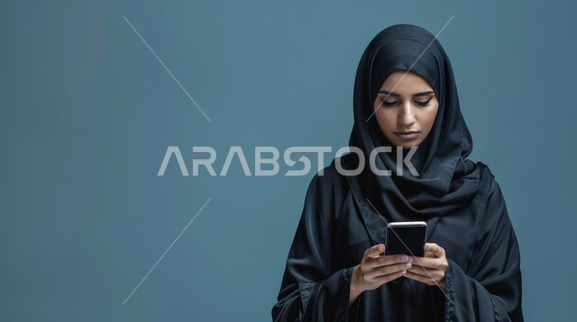 The concept of femininity and softness, interest in elegance and external appearance, a close-up portrait of a smiling Saudi Gulf Arab woman wearing a hijab and abaya and holding a mobile phone in her hand, communicating with family and friends, gestures of self-confidence, blue background