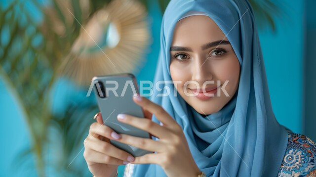 مفهوم الأنوثة والنعومة، الاهتمام بالأناقة والمظهر الخارجي، بورتريه مقرب لإمرأة عربية خليجية سعودية مبتسمة ترتدي حجاب وعباءة  وتمسك بيدها هاتف محمول، التواصل مع العائلة والاصدقاء, إيماءات الثقة بالنفس, خلفية زرقاء